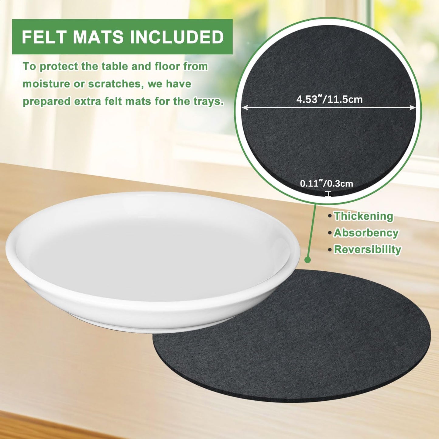 YUFDA 4 Pack Ceramic Plant Saucer Pot Tray 4 Inch, Planter Saucers with Scratch Pad Indoors&Outdoor Durable Sturdy Flower Drainage drip Water Tray for Glazed Pots Base (4.72 Inch-White)