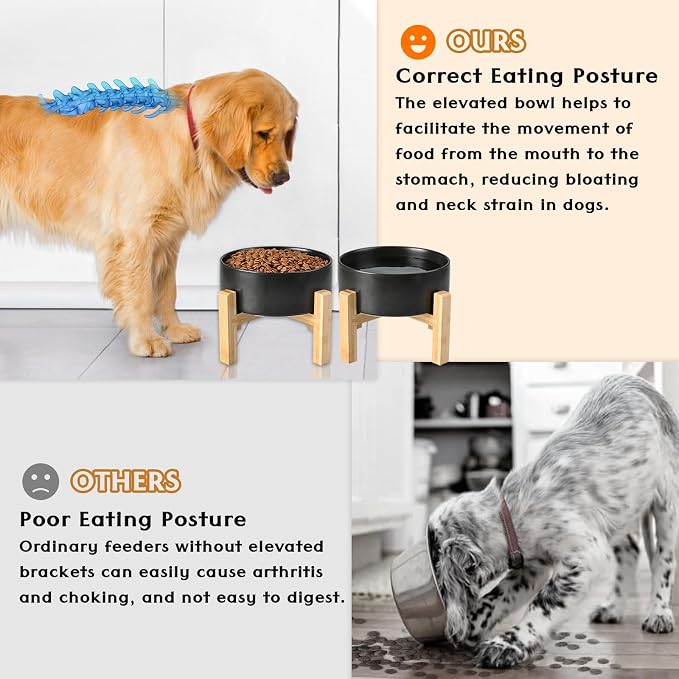 SPUNKYJUNKY Ceramic Elevated Dog Bowls 2 Pack - 8.3inch Raised Dog Bowls with Non-Slip Wooden Stand for Large Dogs Dishwasher Safe(Black,60OZ*2)