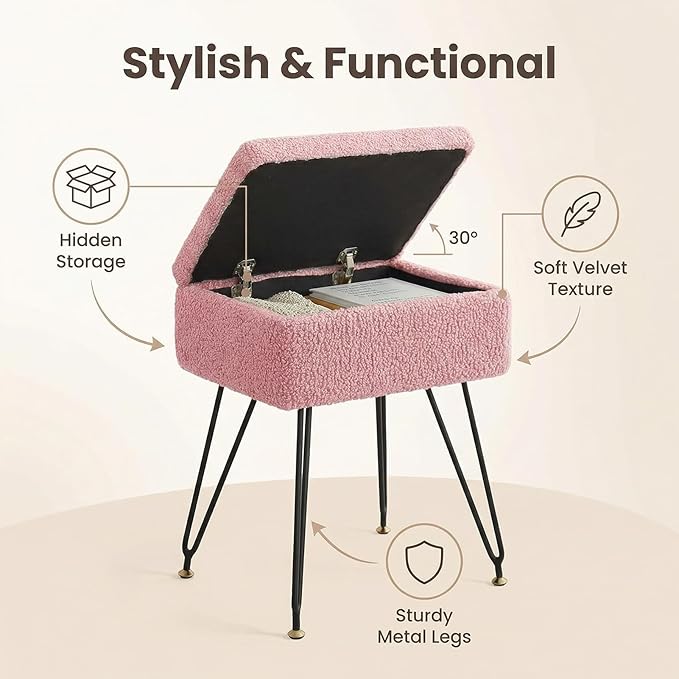 Vanity Stool Chair, Faux Teddy Fur Ottoman Foot Stool