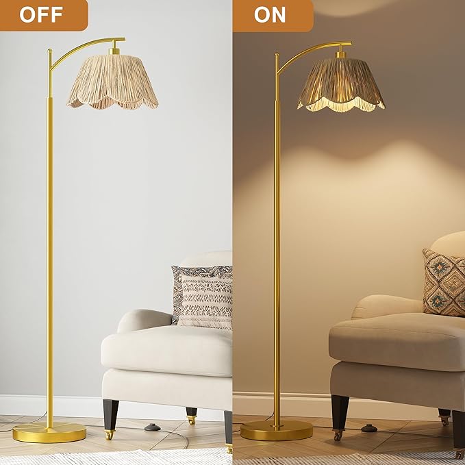 Oneach Arc Floor Lamp for Living Room, Rattan Boho Floor Lamp