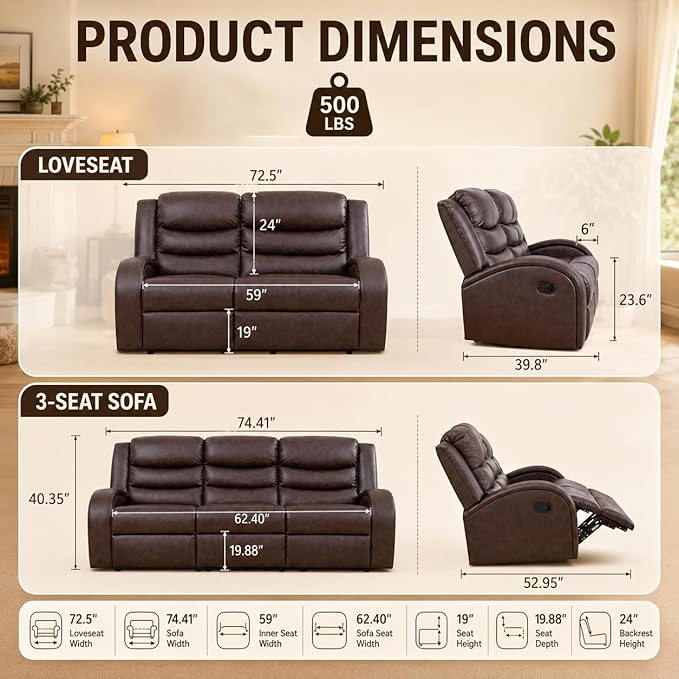 Recliner Sofa Set 2 Piece Living Room Furniture Set Couch Sectional Leather