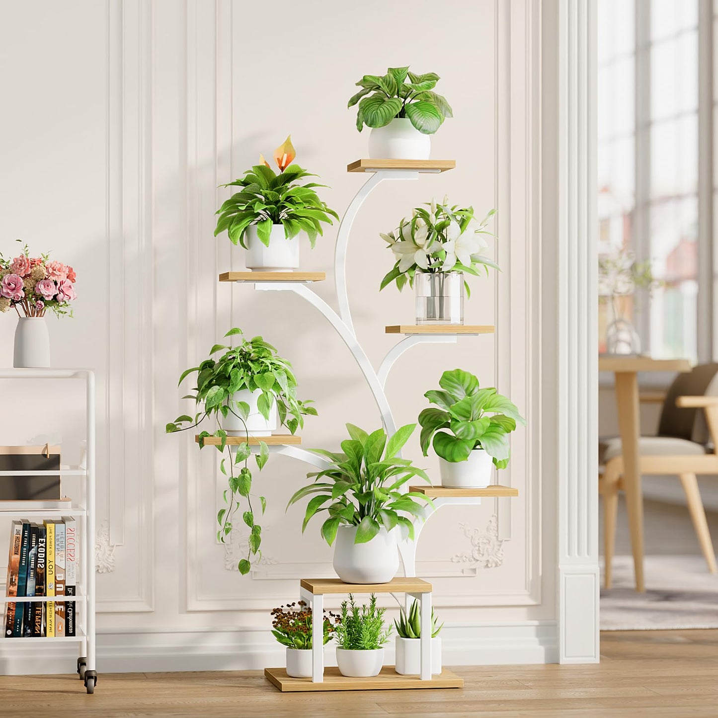 BACEKOLL Plant Stand Indoor with Grow Lights, 7 Tiered Indoor Plant Shelf, 49" Corner Plant Stands for Indoor Plants, Metal Plant Flower Display Shelf, Tree-Shaped Plant Rack for Home, Patio, Natural