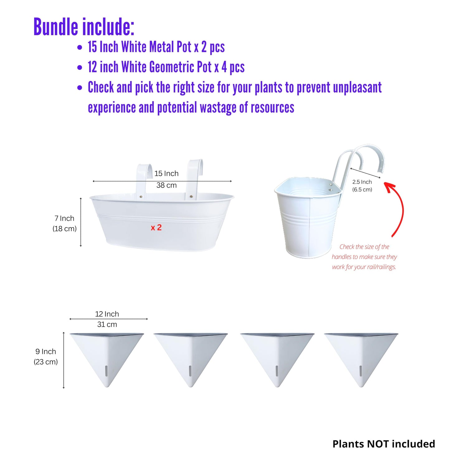 LaLaGreen Bundle- 2 Pack, 15 Inch White Metal Pot + 4 Pack, 12 Inch Geometric Self Watering Pot Modern Flower Vase Vessel Home Vertical Wall Mount Garden Window Rail Box Herb Plant Bucket Garden Decor