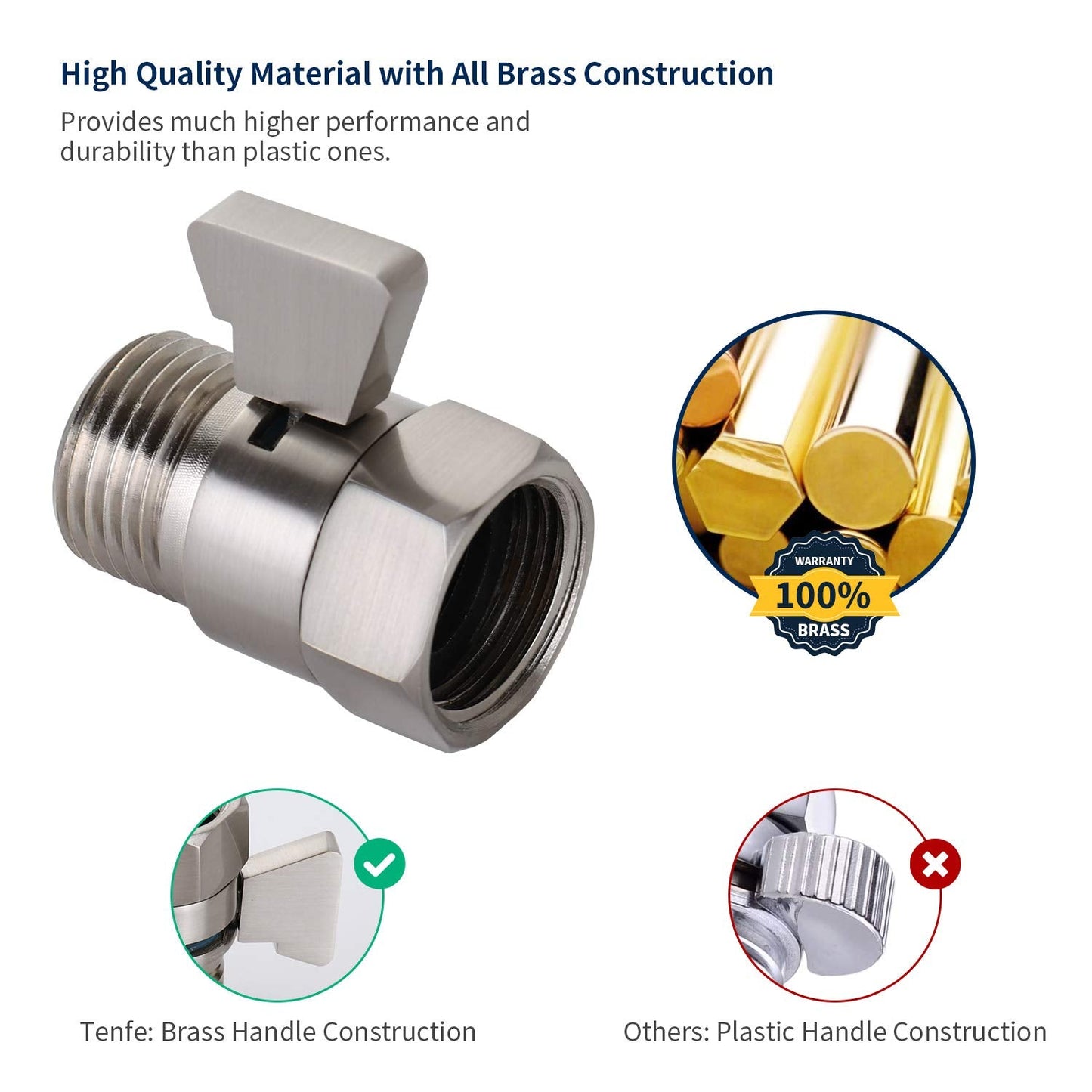 Tenfe Water Flow Control Valve, Brushed Nickel Shut Off Valve for Hand shower Adjustable Water Pressure Turn off Valve, Brass G1/2 Standard Connection