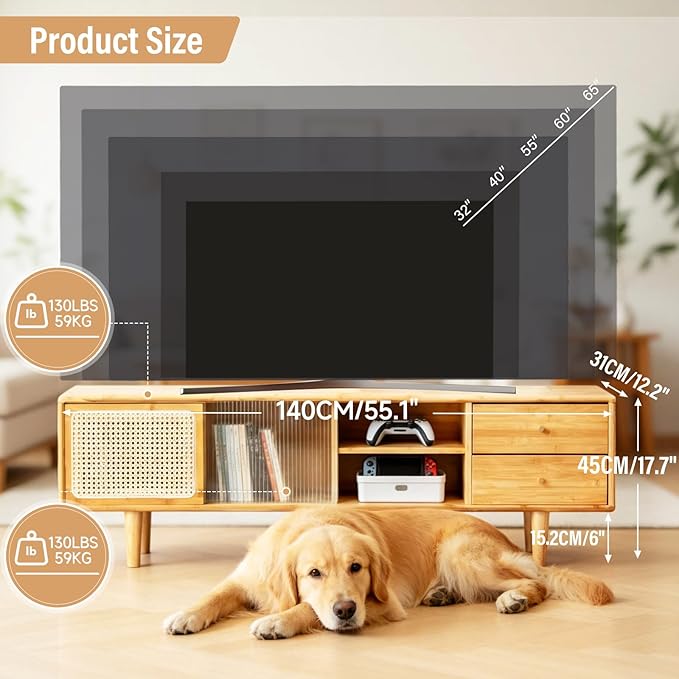 Tiita Rattan TV Stand for 55 60 Inch TV, Bamboo TV Cabinet