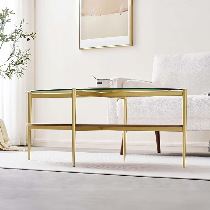 LumFurn Oval Glass Coffee Table, Mid-Century Modern Design, L43 x W22 x H17 inch