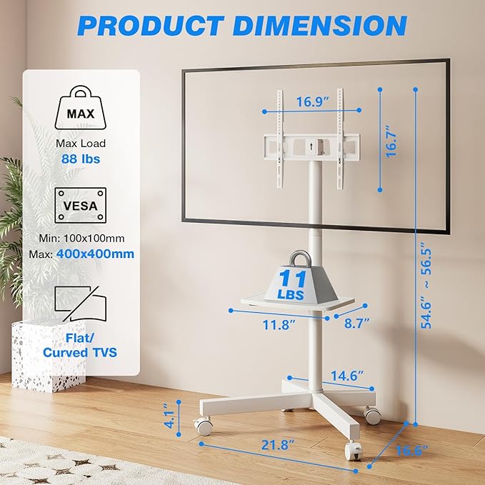 Rolling TV Stand with Shelf for 23-65/32-85 inch TVs up to 88lbs, Portable