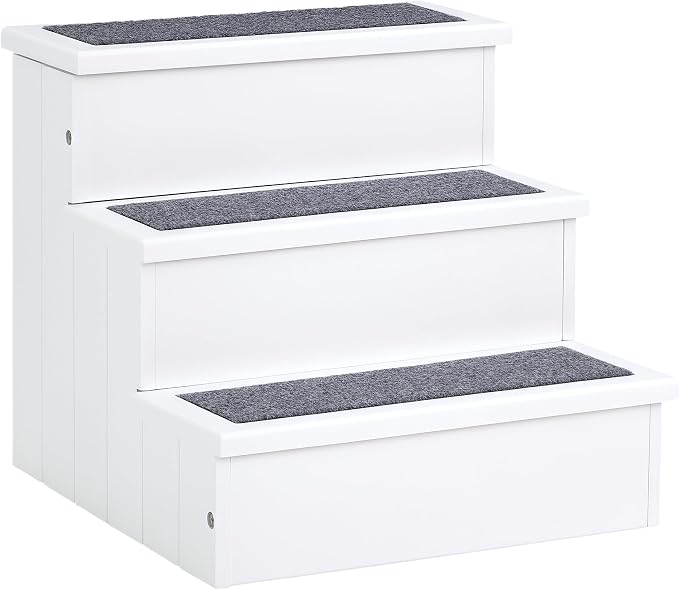 PawHut 3 Step Wooden Carpeted Non Slip Pet Stairs Ramp for Cats and Small Dogs - White