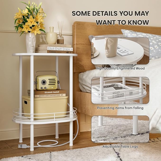 DGSANDGO White Side Table with Charging Station, Side Tables Living Room