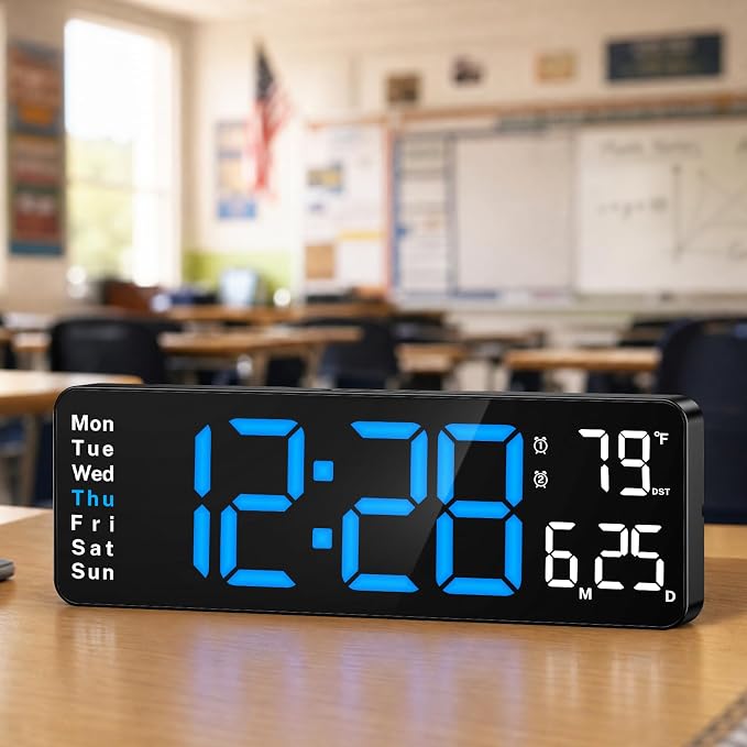 Digital Clock Large Display, 13" Large Wall Clock for Classroom | Big Led Wall Clocks with Remote Control,Date,Week,Alarm,Temp&DST for Bedroom,Living Room,Gym,Office,Garage