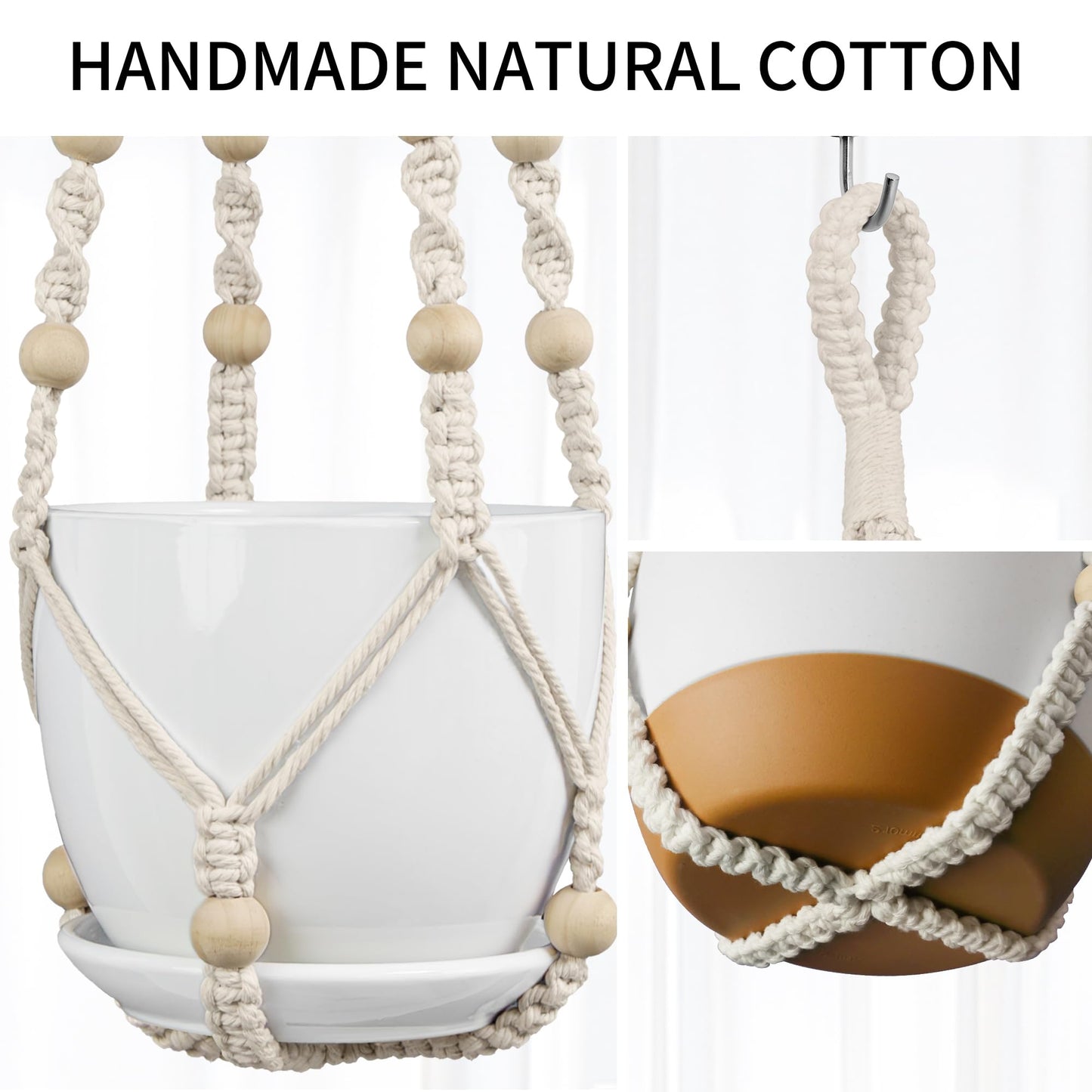 IDEEEPAN Macrame Plant Hanger - Fits 4 to 15 inches Pots for Indoor Outdoor, 43"/35"/29" Different Sizes Set, Ivory (POTS NOT Included)