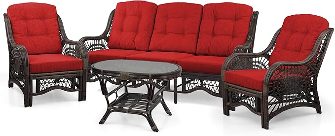 Malibu Lounge Set of 4: 2 Natural Rattan Wicker Chairs, Three-Seater Sofa