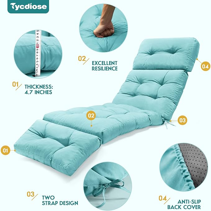 Outdoor Chaise Lounge Chair Cushion Waterproof 74.4 x 22 x 4.7 Inches Memory