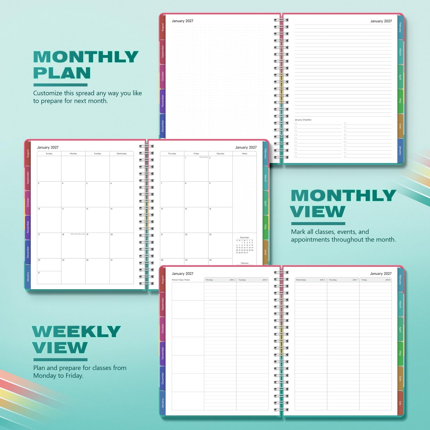 Teacher Lesson Planner 2026-2027 Academic Year, Aug 2026-Jul 2027, Deluxe 26-27 Lesson Plan Book for Teachers Supplies & Homeschool Planner with Pocket & Monthly Tabs, 8.5" x 11", Happy Stripes