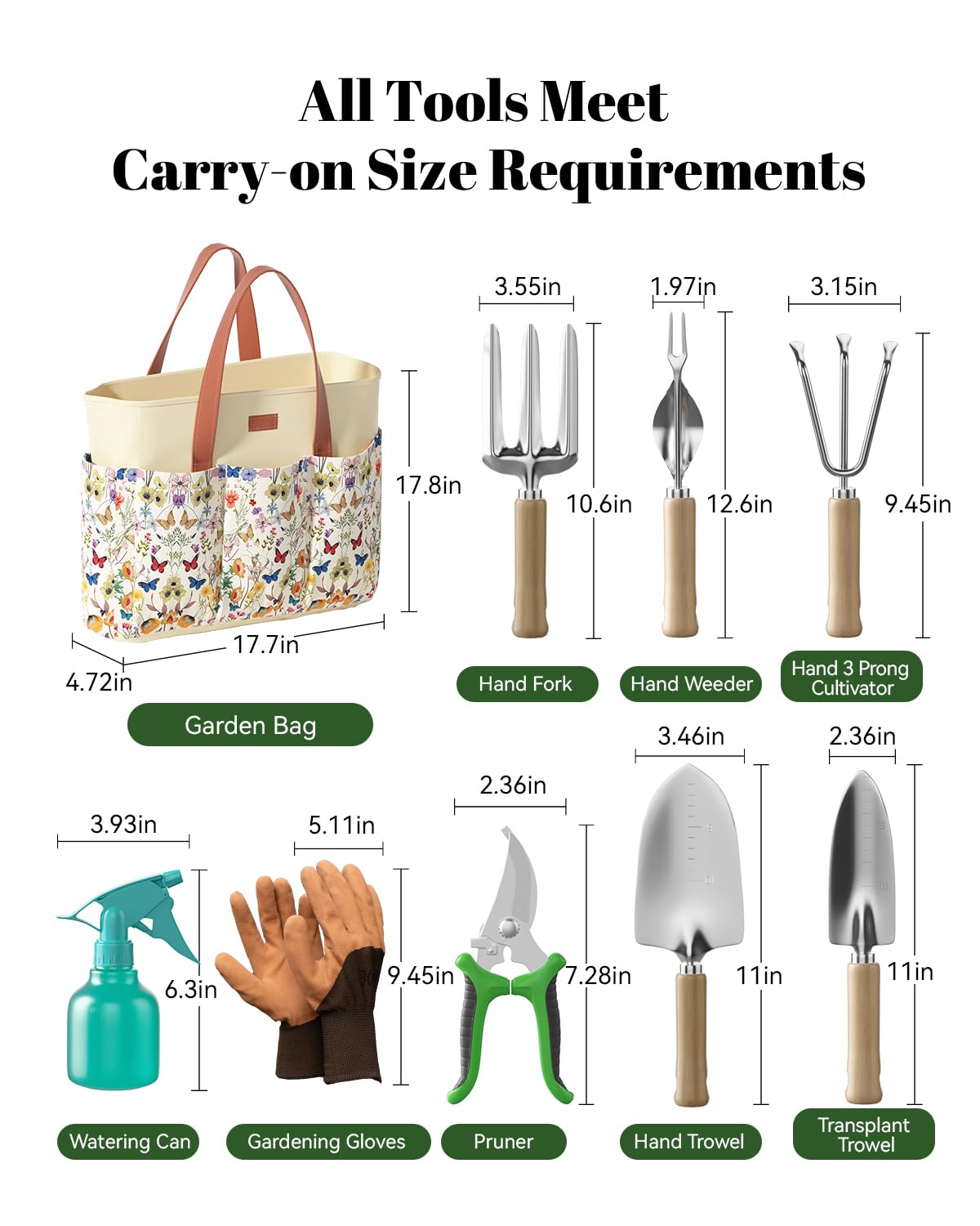 VerdantVibes 9-Piece Garden Tool Set - Heavy Duty Gardening Hand Tools with Ergonomic Non-Slip Grips, Rust-Resistant Shovel, Trowel, Rake, Pruner & Storage Bag - Ideal Gardening Gifts for Women