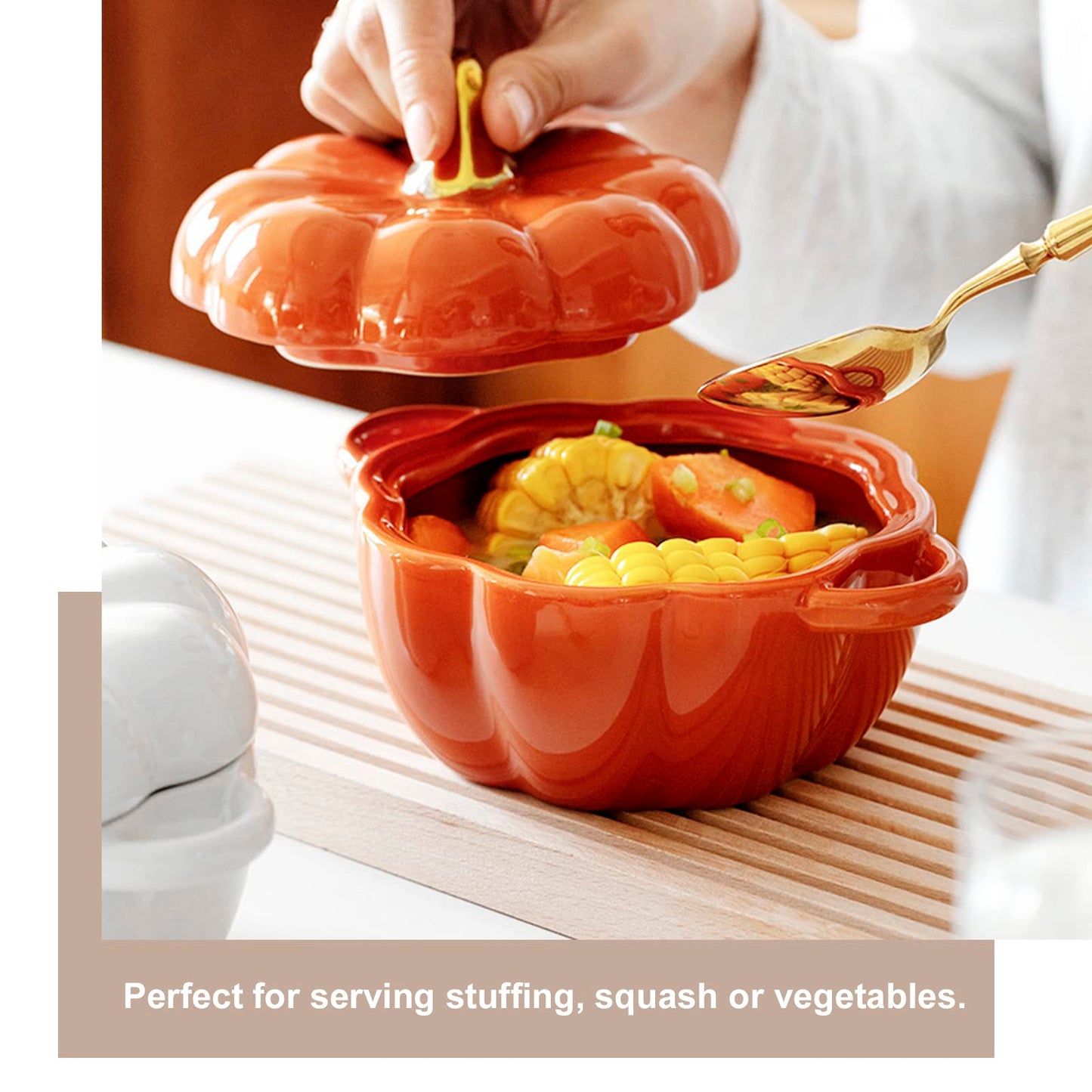 LIDSCURA 15 Oz Orange Ceramic Pumpkin Soup Bowl with Lid, for Halloween & Thanksgiving Soup Serving, Oven Safe Ceramic Stew Pot Pumpkin Shape Storage Jar, Double Ear Pumpkin Dessert Bowl for Tableware