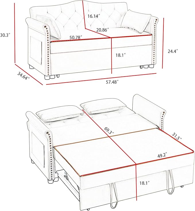 Auvsoce 57'' Convertible Sleeper Sofa Bed