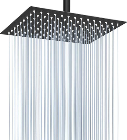 Voolan Rain Shower Head - High Flow Large Rainfall Shower Heads Made of Stainless Steel - Waterfall Bathroom Square Showerhead - Ceiling or Wall Mount (12 * 8 Inch Rectangle, Matte Black)