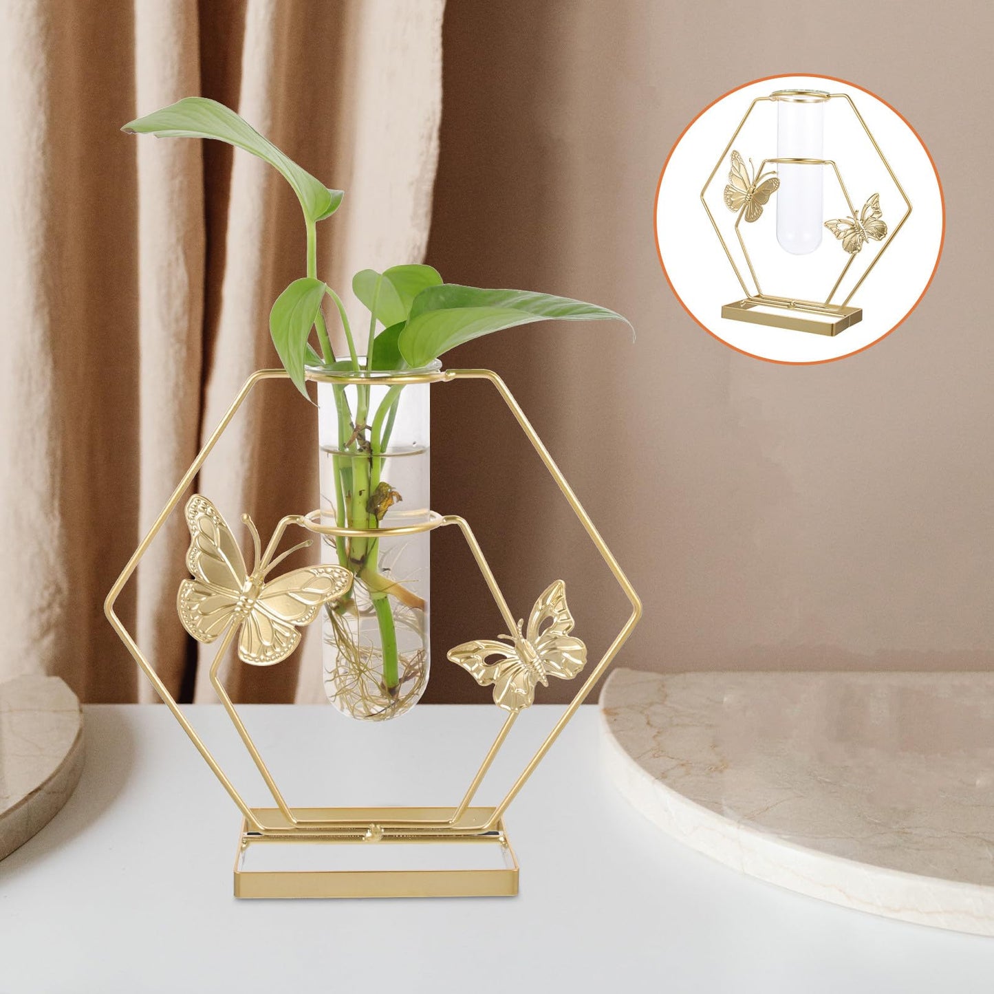 DECORNIJIA Metal Framed Glass Vase with Butterfly Pattern, Hexagonal Hydroponic Flower Pot for Desktop Decoration, Home Terrarium Plant Holder for Living Room Table