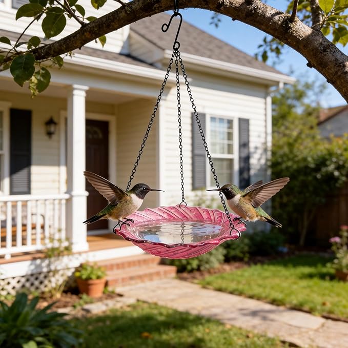HONGLAND Bird Baths for Outdoors, 11" Pink Glass Birdbaths Outdoor Birdfeeder with Metal Stake