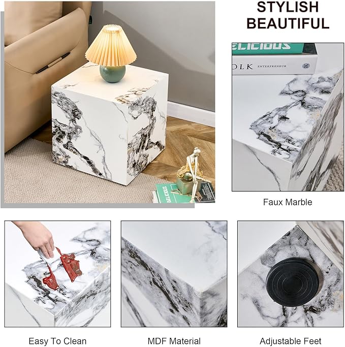 Side Table, End Table with White Marble Grain, Modern Beside Sofa Couch Tables