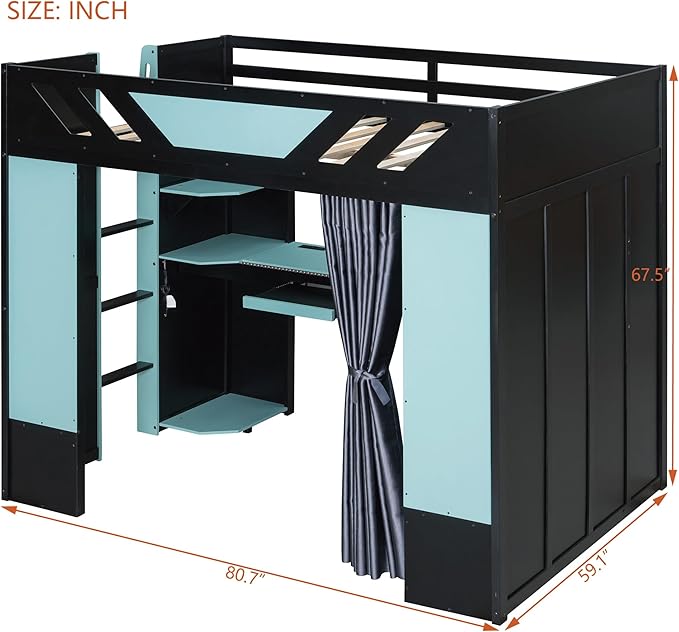 Full Size Wood Loft Bed with Built-in Workstation, Smart Storage, RGB Lighting