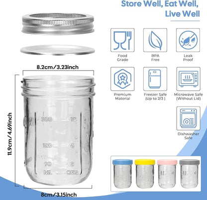 CycleMore 16oz Wide Mouth Mason Jars with Airtight Lids, 12 - Pack Canning Jars with Colorful Lids, Glass Jars for Fermenting, Pickling, Freezing, Preserving, Meal Prep, Jar Décor