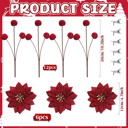 Hungdao 18 Pcs Velvet Christmas Tree Ornament Set Artificial Christmas Poinsettia Flower with Clips and Tree Picks Neutra Holiday Ornaments for Xmas Wreath Fireplace Stairs Decor(Burgundy)
