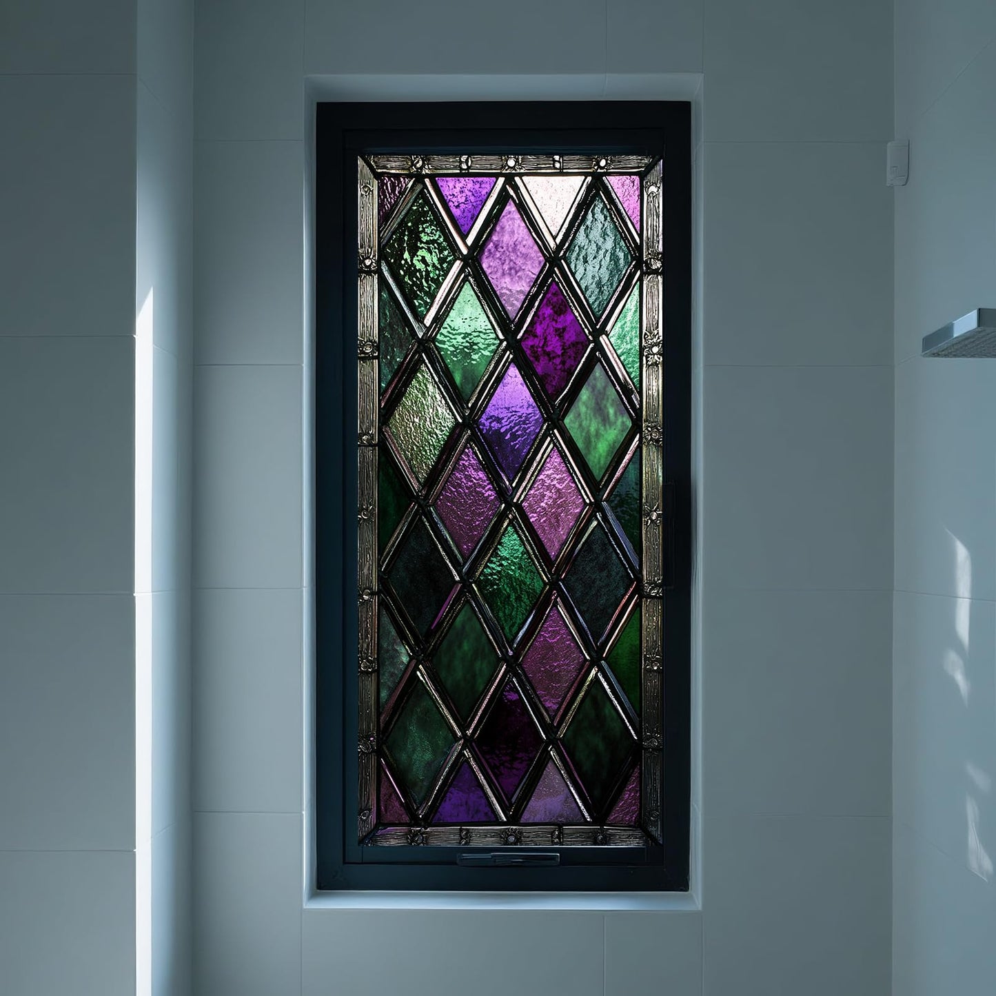 IVN Privacy Window Film Stained Glass Window Cling Purple Green Diamond Pattern Decorative Static Cling Window Sticker for Bathroom Kitchen Entry Door 17.7 x 39.3 Inch