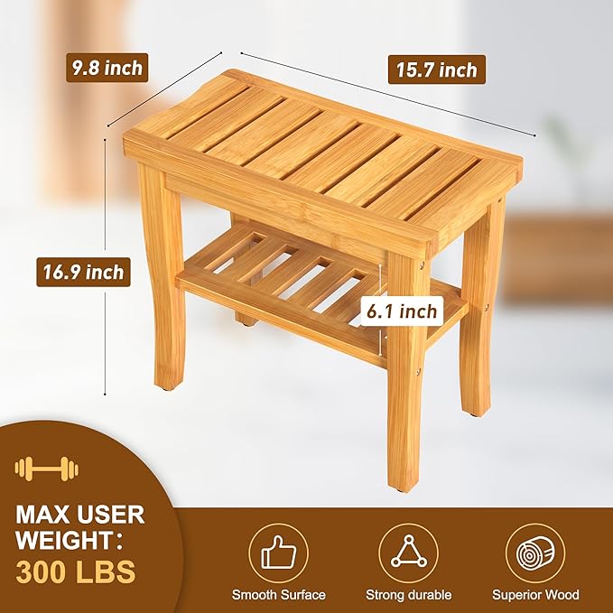 Bamboo Shower Bench Stool with Storage Shelf Waterproof Shower Chair Spa Bath