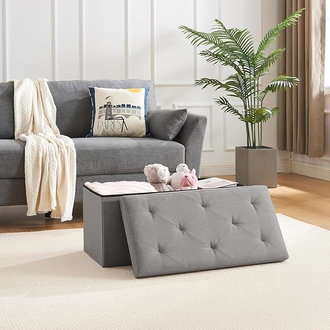 VECELO 30'' Folding Storage Ottoman Bench, Storage Chest, Linen Fabric Foot