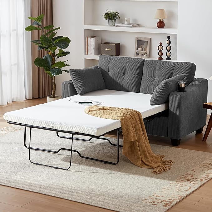 Full Size Pull Out Sleeper Sofa Bed, 2-in-1 Convertible Corduroy Pull Out Couch