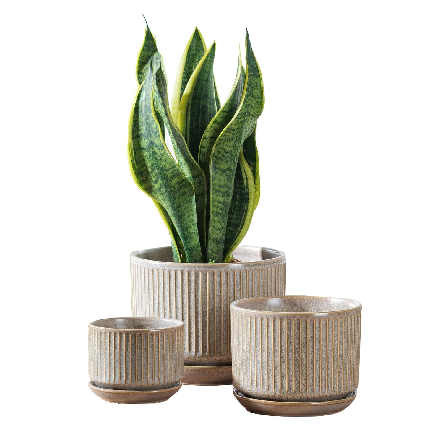 SURE YUESI Speckle Gray Ceramic Plant Pots Set of 3 (4.3”+5.5”+6.7”) Indoor Striped Planters with Drainage Hole, Saucer Pad, Decorative Pots for Plants & Gardening