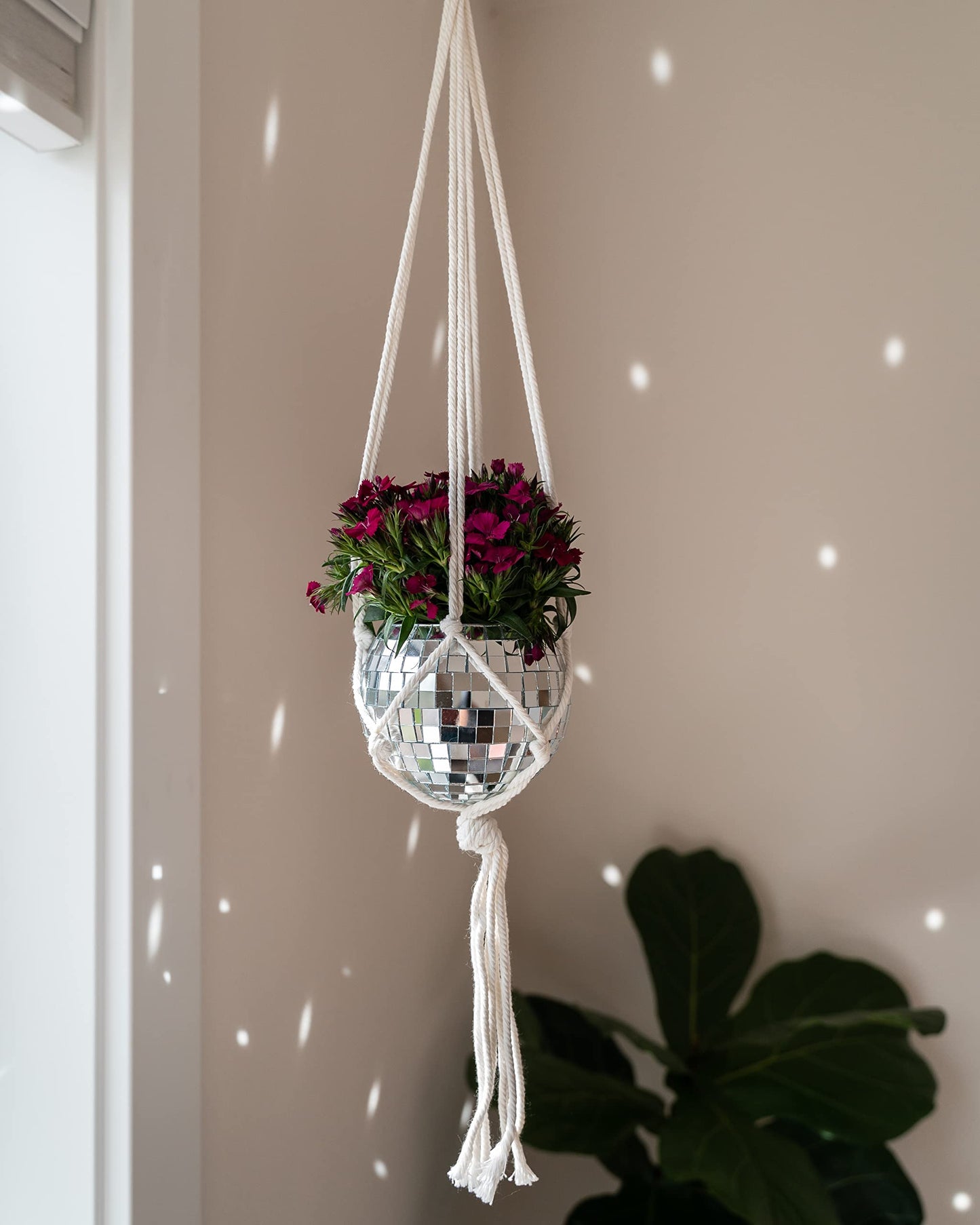 Havenstone Home Hanging Disco Ball Planter 8" - with Acrylic Stand and Macrame Plant Hanger - Home Décor, Room Décor, Patio or Boho Décor, Mirror Disco Planter, Disco Decor (4" Mini with Base)