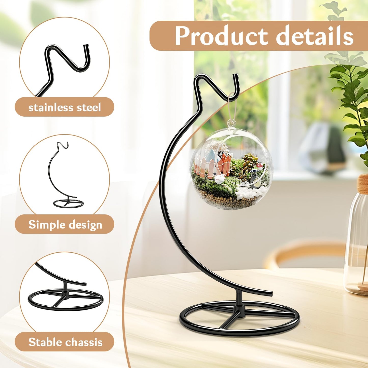 TSUMAZURE Ornament Display Stand with Hook, 11" Black Iron Hanging Stand for Air Plants, Glass Balls, Witch Balls, Terrariums, Christmas & Wedding Decorations, Home & Office Decor (black)
