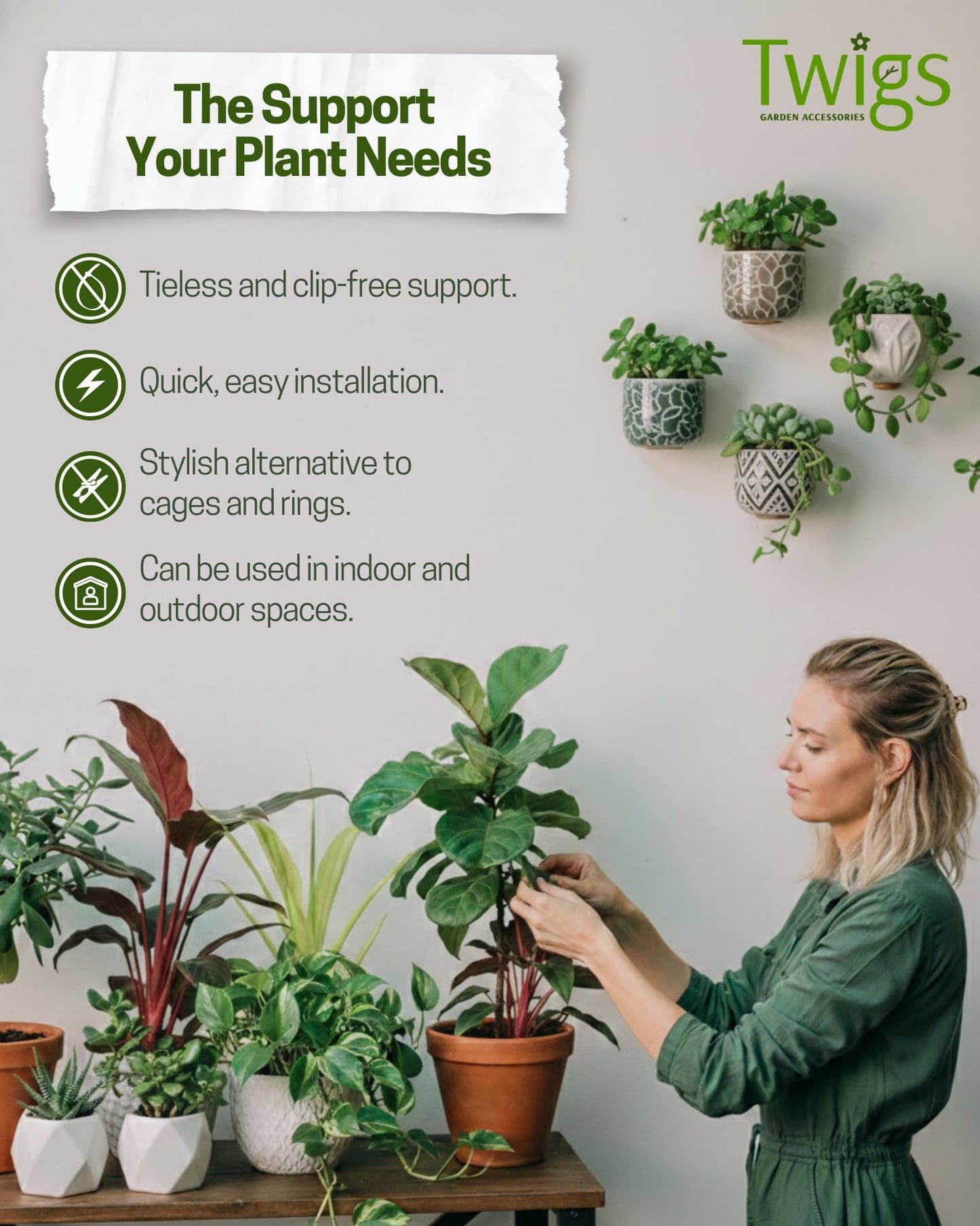 Twigs GA - Mini Twigs Plant Support Stakes for Small Plants, Indoor & Outdoor Use, Gardening Supplies, Garden Accessories, Trellis & Ring Alternative - Monstera (Dark Green), 10 Pack, 12" L