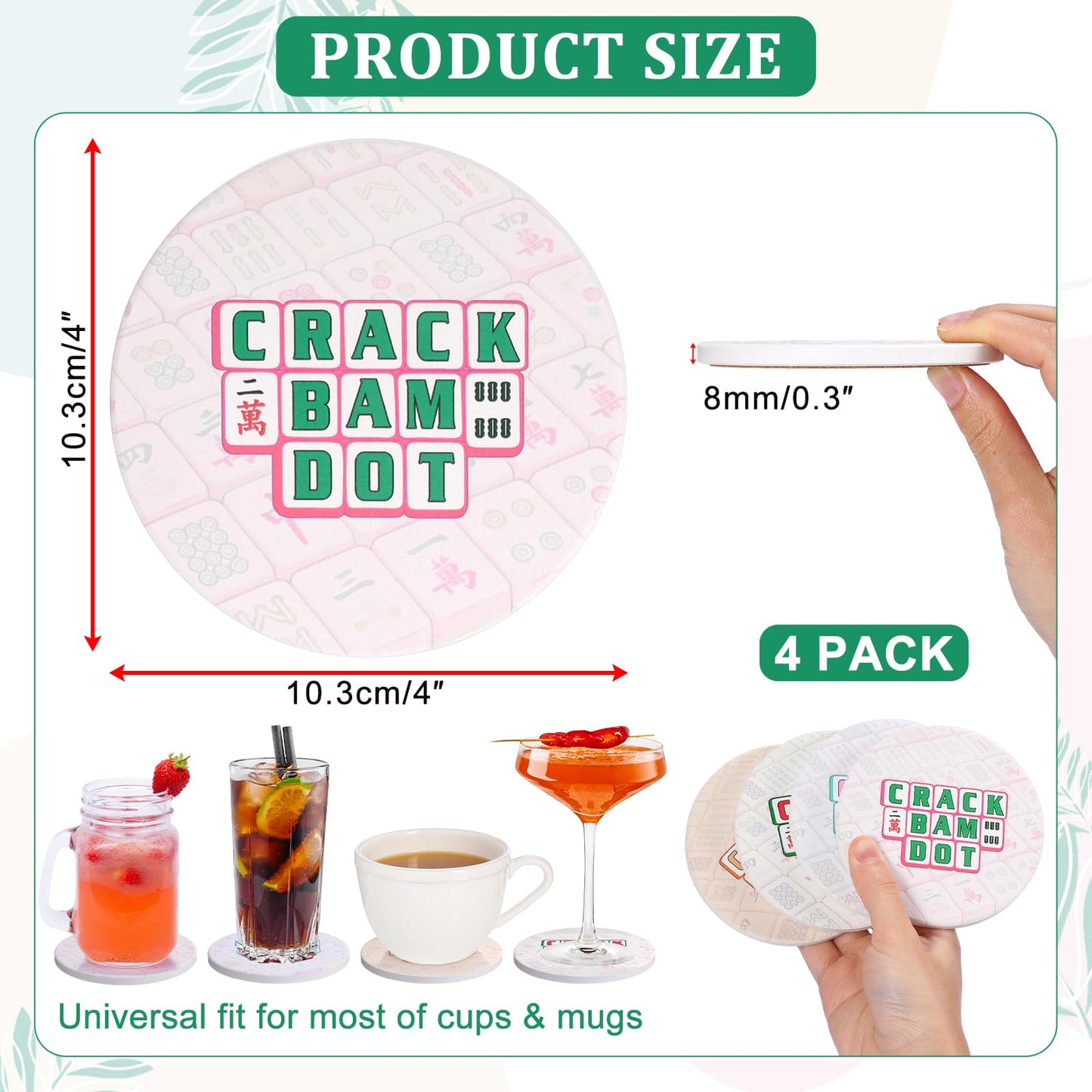 Hoowen Mahjong Coasters with Holder, Ceramic Coasters for Drinks Set of 4, Absorbent Round Coasters, Mahjong Gift and Accessories for Most Cups, Table Game Housewarming Party Supplies