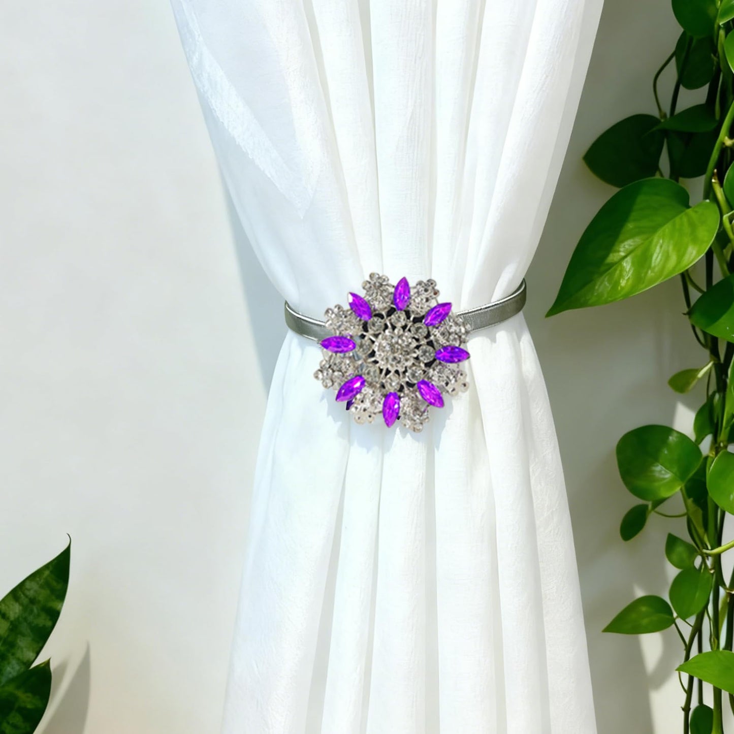 Magnetic Curtain Tiebacks, 2 Pack Spring Wire Curtain Holdbacks - YueLvoe No Drill Wall Mounted Tie Backs for Indoor/Outdoor Curtains, Modern Pull Backs for Home Office Decor (Purple)