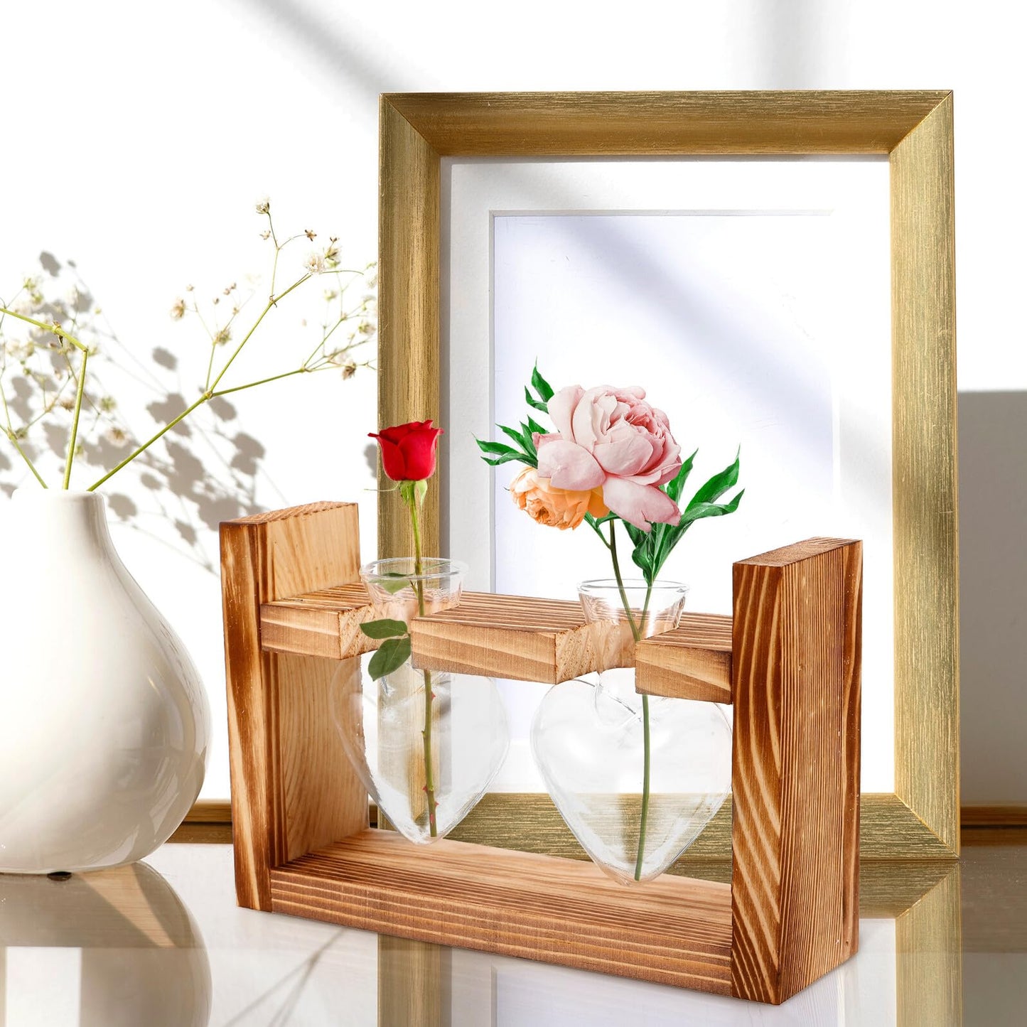CORHAD Heart-Shaped Glass Hydroponic Vase with Wooden Frame Stand, Desktop Terrarium Planter for Indoor Plants, Tabletop Flower Pot for Home and Office Décor, 2pcs Set