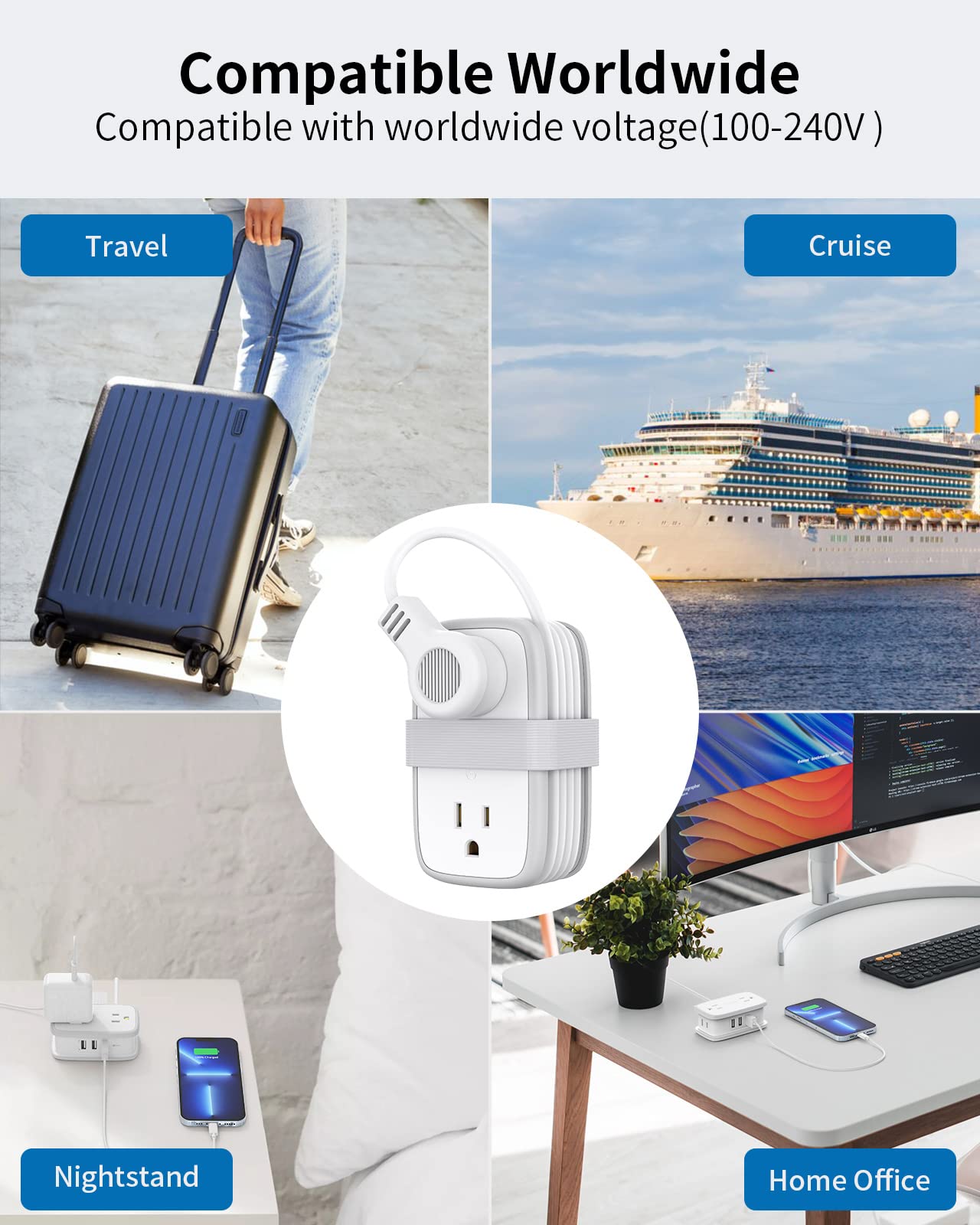 Travel Power Strip with USB 2 Pack, NTONPOWER 4 Outlets and 3 USB with 4Ft Short Extension Cord, Small Portable Desktop Charging Station for Cruise Ship, Home Office, White