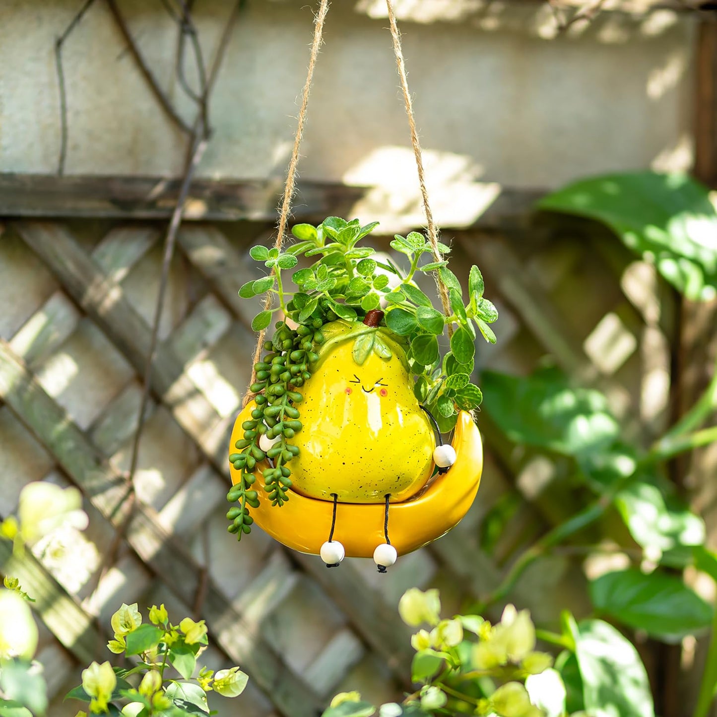 Walasis Cute Hanging Planter Pot for Indoor - Swing Smiley Planter for Outdoor Plants - Ceramic Succulent Plant Pot with Face