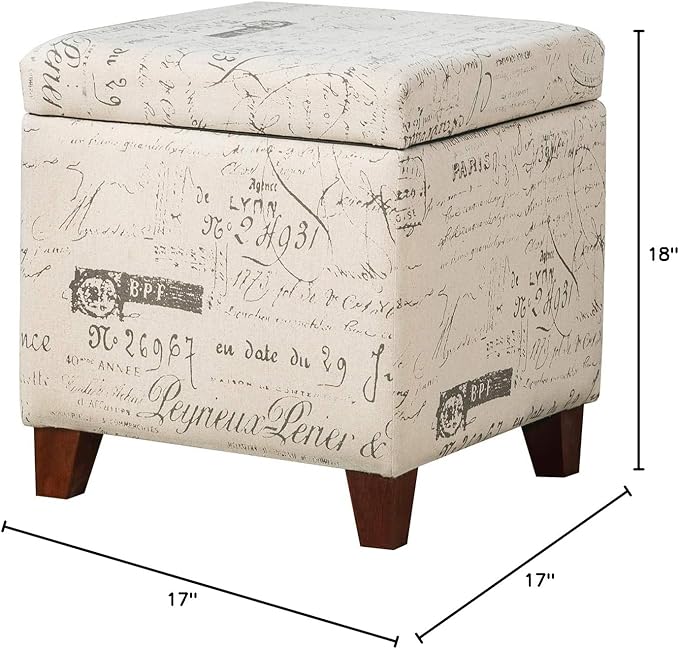 Adeco Fabric Script Pattern Cube Storage Footstool, Hinged Lid, Solid Wood Legs