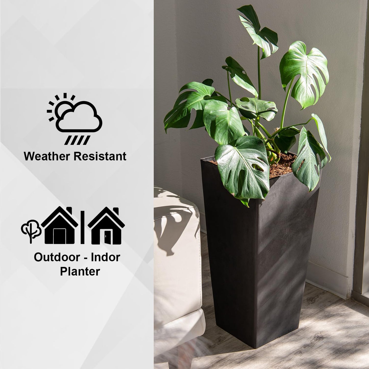XBrand Modern 28-Inch Tall Square Planter, Tapered Design for Indoor & Outdoor Use, Patio Decor, Set of 2, Black