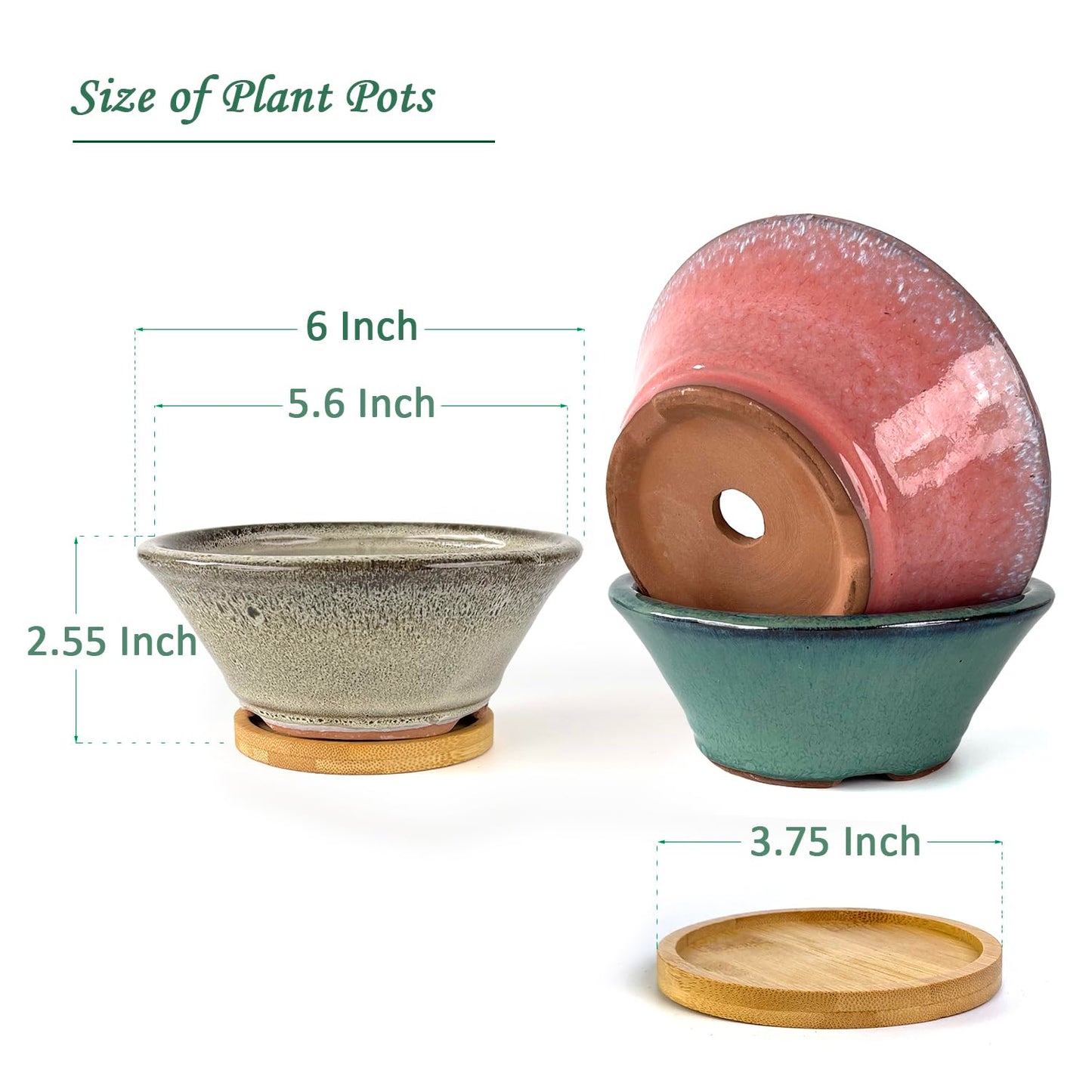 Summer Impressions 6 Inch Glazed Terracotta Succulent Pot Planter Small Plant Pot with Drainage Hole and Bamboo Saucer Cactus Ceramic Pot Set of 3 (Light Green Pink White)