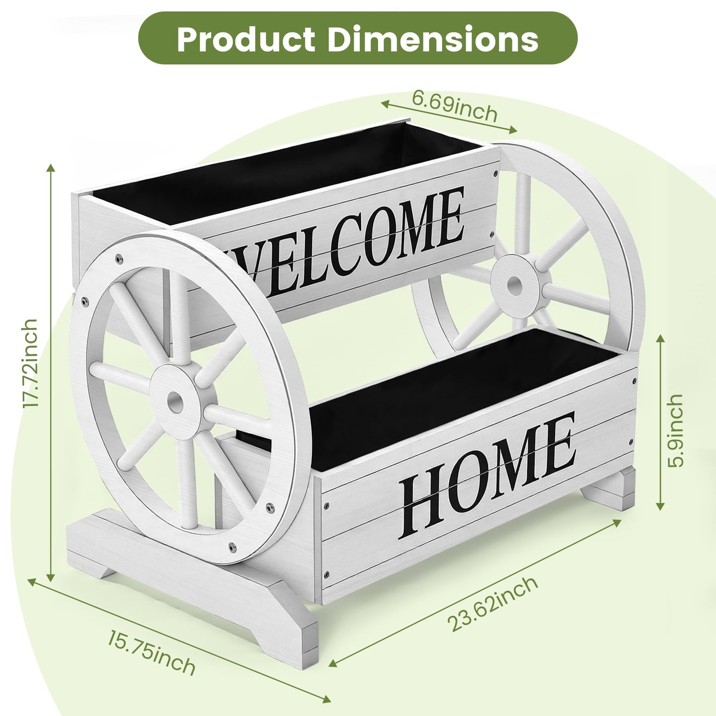 Ultym 2-Tier Wooden Wagon Planter Box, Extra Large Decorative Flower Cart with Wheels, Washed White Rustic Wood Planter with Drainage Holes & Non-Woven Liner, Raised Bed for Flowers Herbs Vegetables