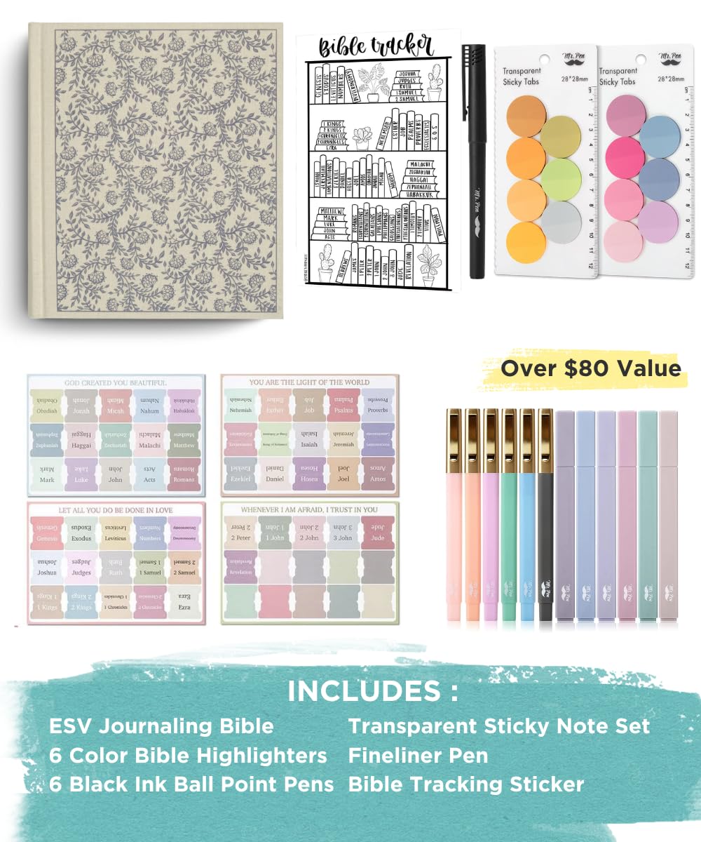 Mr. Pen- ESV Journaling Bible Gift Set for Women, 5-in-1 Note Taking Bundle, Aesthetic Highlighters Pens No Bleed, Tabs, Transparent Sticky Notes, Reading Tracker, Bible Study Accessories