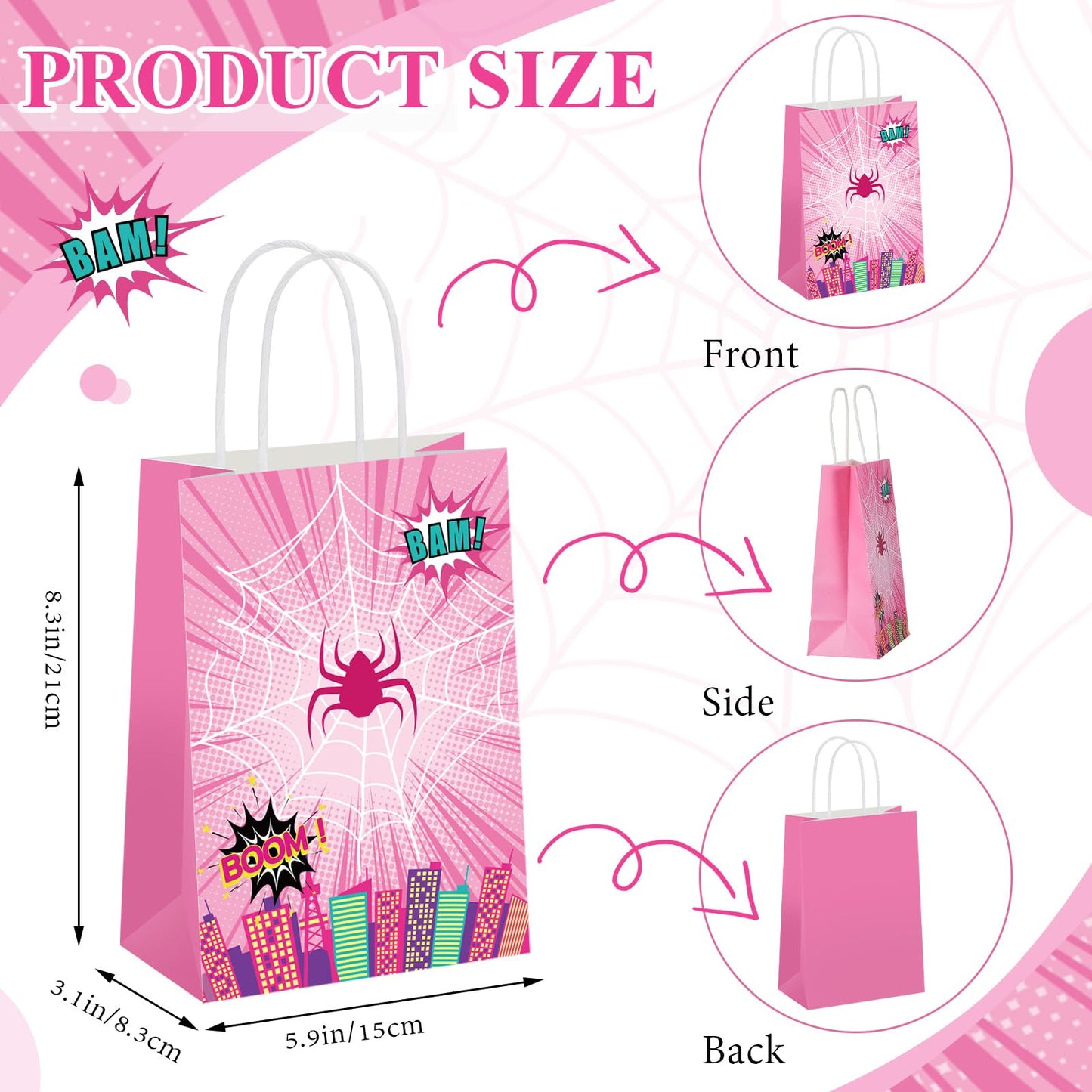 Henoyso 24 Pcs Pink Spider Party Favor Goodie Bags with Handles Pink Ghost Theme Birthday Decorations Treat Candy Snack Gift Bags for Baby Shower Birthday Party Supplies