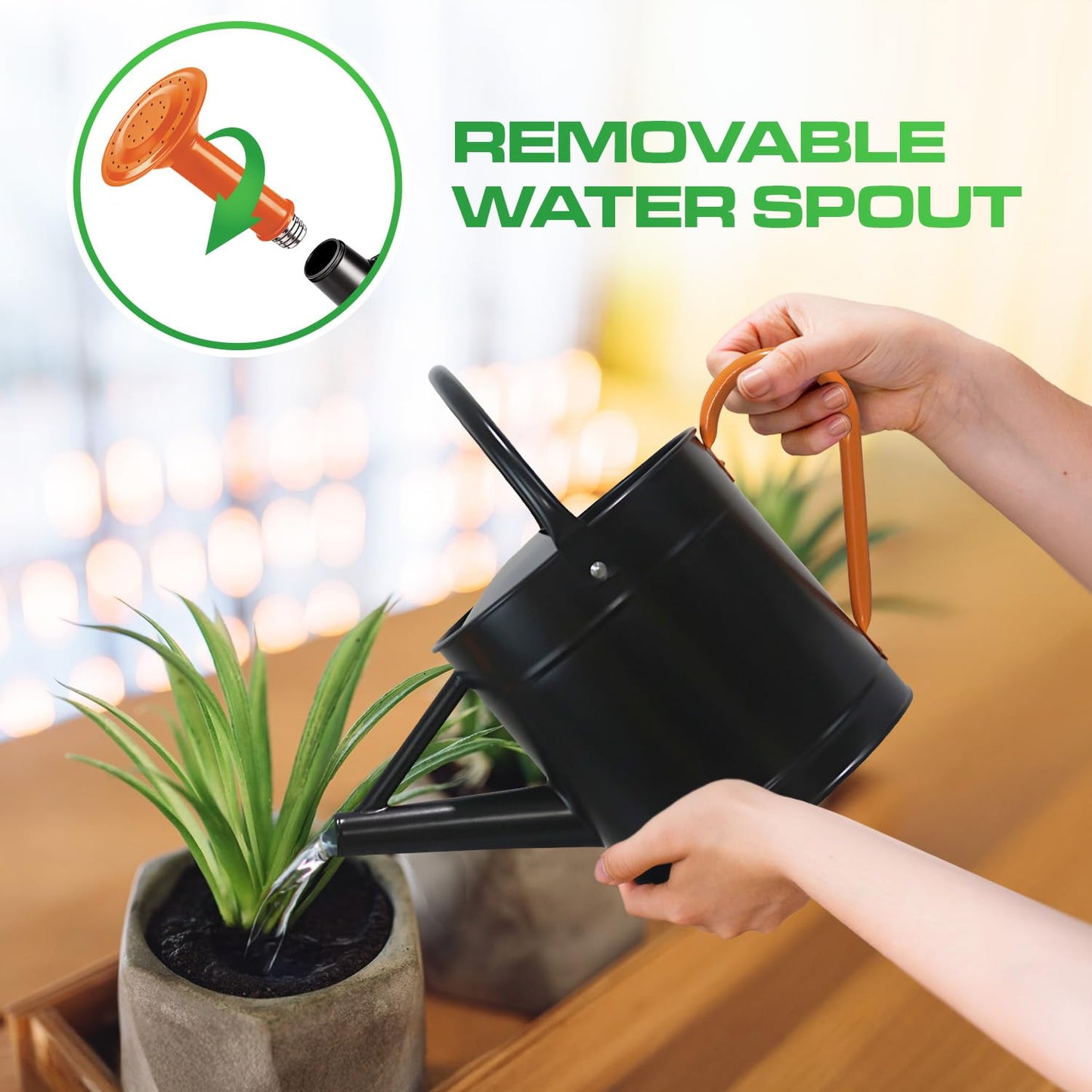 Plexon Metal Watering Can Outdoor 1 Gallon, Flower Plant Gardening Garden Large Watering Can Pot Pitcher, Steel Orange Handles and Removable Spray Spout, Black