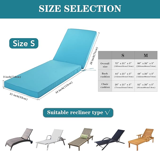 Chaise Lounge Cushion Outdoor, Waterproof and Stain-Resistant Lounge Deck
