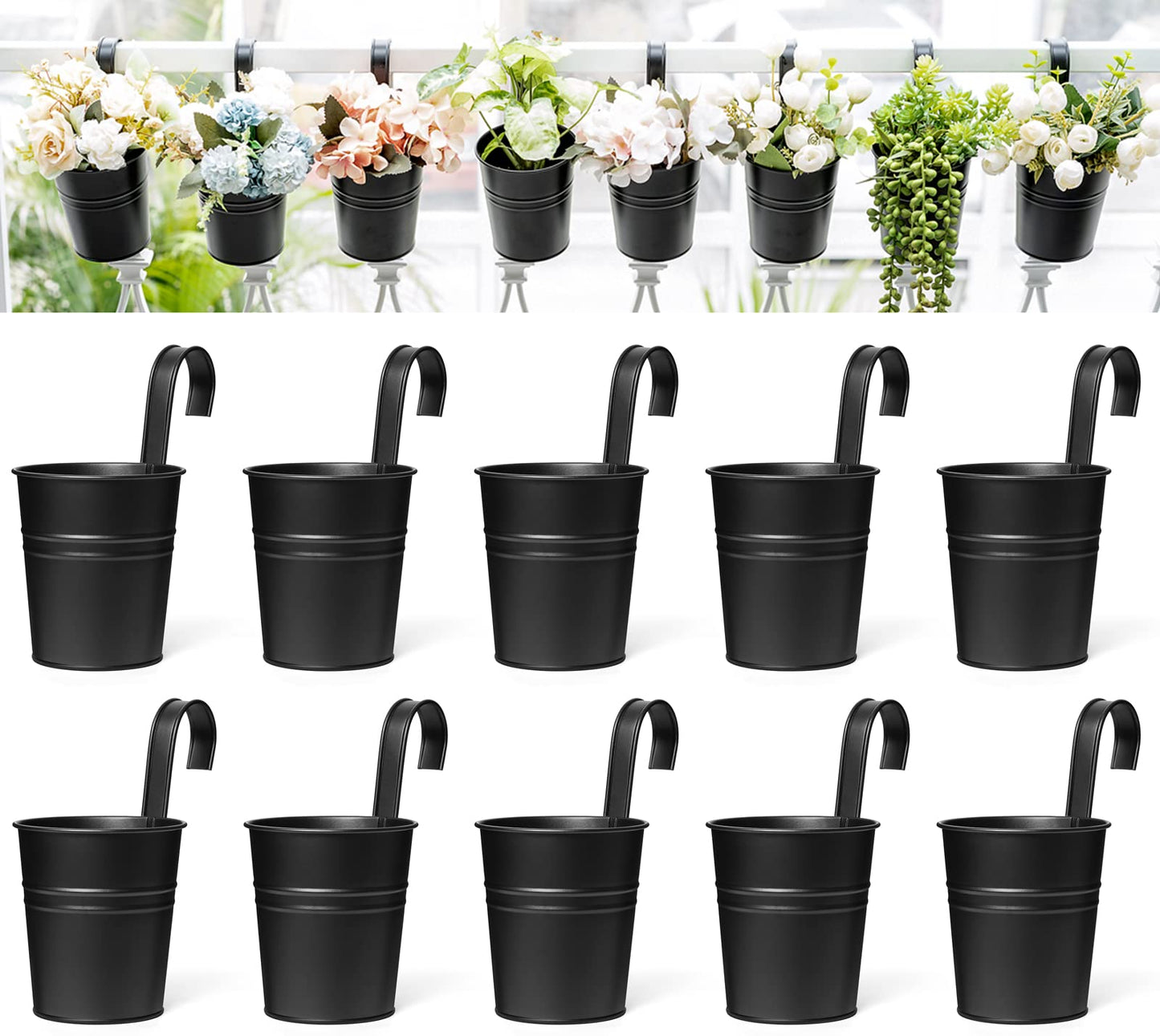 Dahey 10 Pcs 3.8 Inches Small Hanging Flower Pots Metal Iron Bucket Planter for Railing Fence Balcony Garden Home Decoration Flower Holders with Detachable Hooks, Black